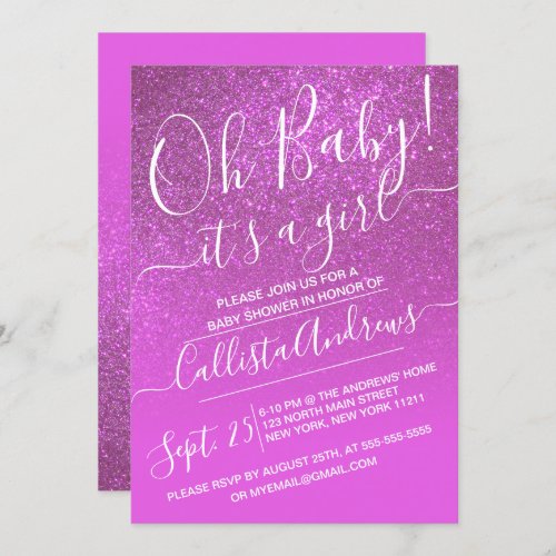 Magenta Pink Sparkly Glitter Ombre Baby Shower Invitation