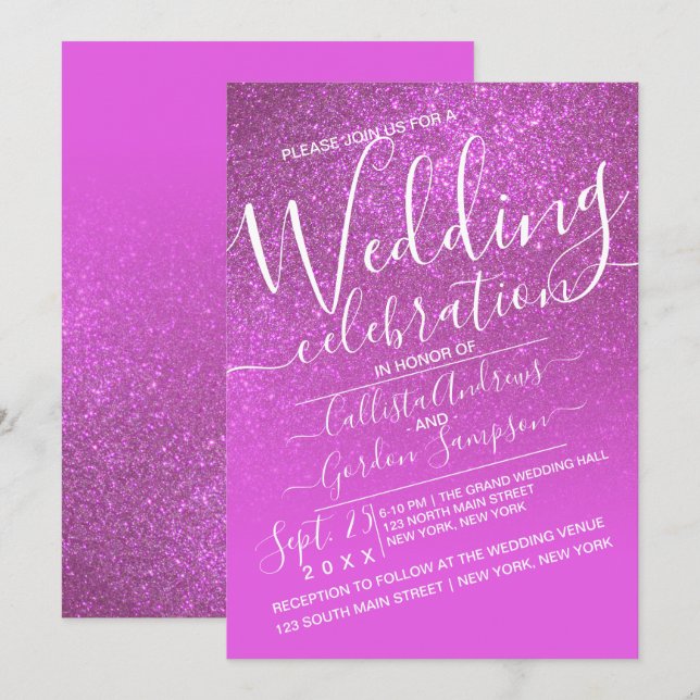 Magenta Pink Sparkly Glitter Ombre Wedding Invitation (Front/Back)