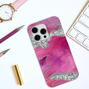 Magenta Pink Swirl Agate Geode Silver Glitter iPhone 15 Pro Max Case
