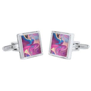 Magenta Pink Swirl Artsy Silver Cufflinks