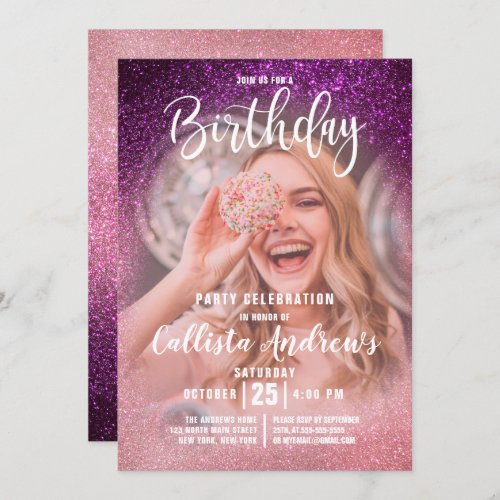 Magenta Pink Triple Glitter Ombre Photo Birthday Invitation