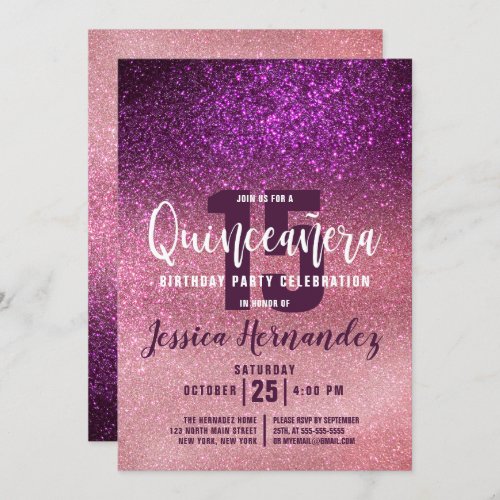 Magenta Pink Triple Glitter Ombre Quinceaera Invitation