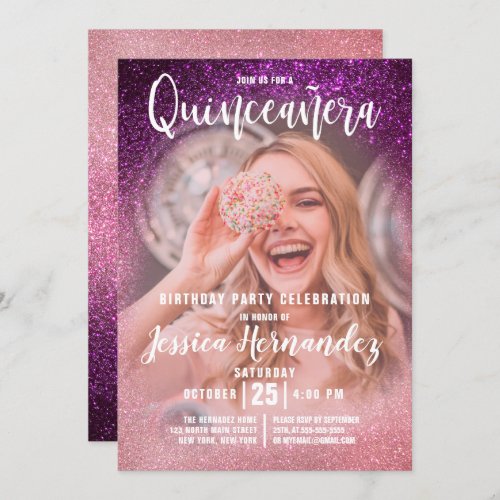 Magenta Pink Triple Glitter Photo Quinceaera Invitation