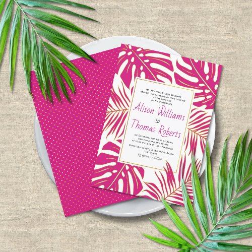 Magenta pink tropical monstera palm leaves wedding invitation