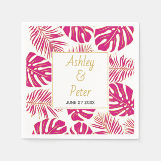 Magenta pink tropical monstera palm leaves wedding napkins