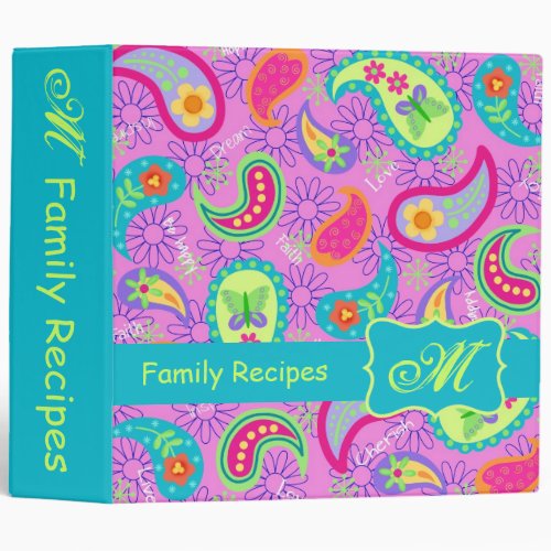 Magenta Pink Turquoise Modern Paisley Monogram 3 Ring Binder