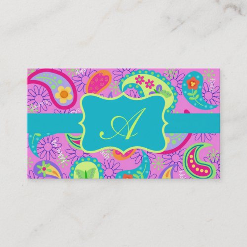 Magenta Pink Turquoise Modern Paisley  Monogram Business Card