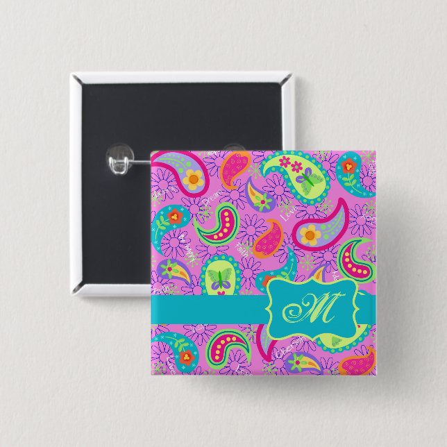Magenta Pink Turquoise Modern Paisley Monogram Button (Front & Back)
