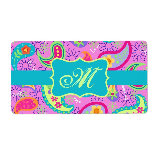 Magenta Pink Turquoise Modern Paisley Monogram Label (Front)