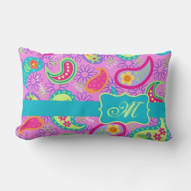 Magenta Pink Turquoise Modern Paisley Monogram Lumbar Pillow (Front)
