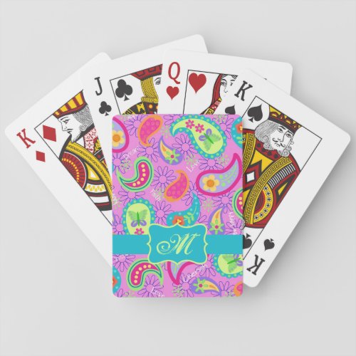 Magenta Pink Turquoise Modern Paisley Monogram Poker Cards