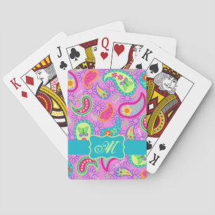 Magenta Pink Turquoise Modern Paisley Monogram Poker Cards