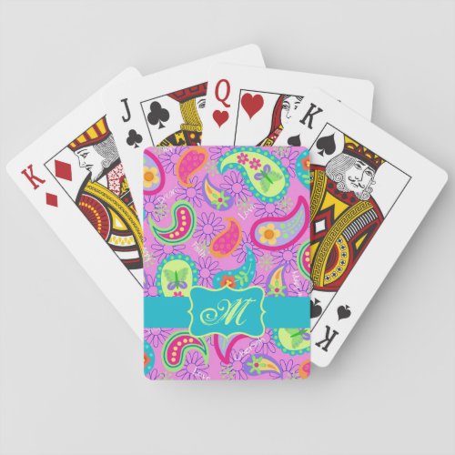 Magenta Pink Turquoise Modern Paisley Monogram Poker Cards