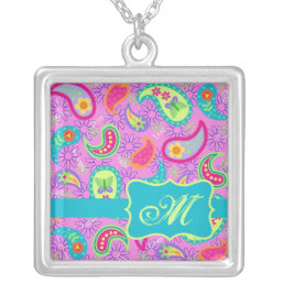 Magenta Pink Turquoise Modern Paisley Monogram Silver Plated Necklace