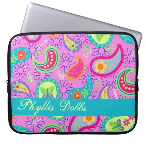 Magenta Pink Turquoise Modern Paisley Pattern Laptop Sleeve