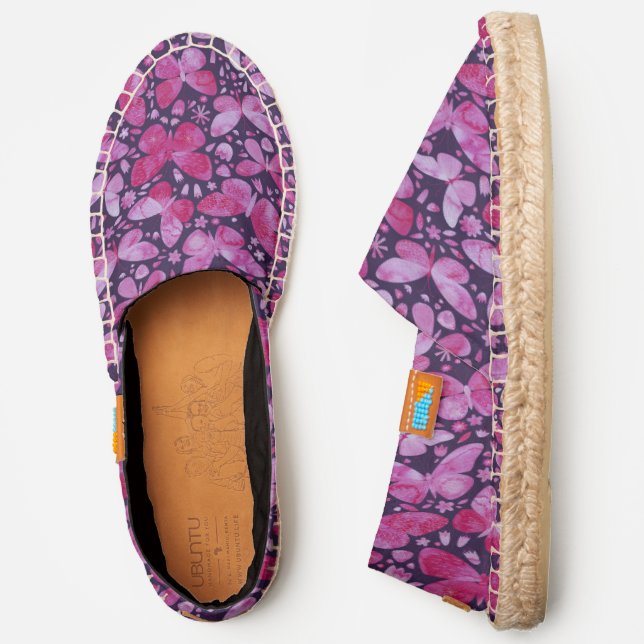 Magenta Pink Watercolor Butterflies Dark Espadrilles (Side)
