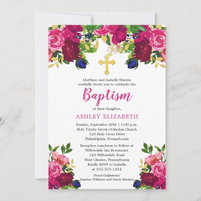 Magenta Pink Watercolor Floral Baptism  Invitation (Front)