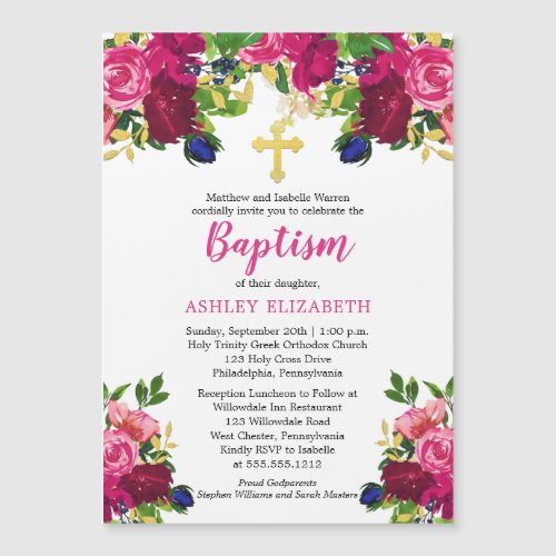 Magenta Pink Watercolor Floral Baptism  Invitation