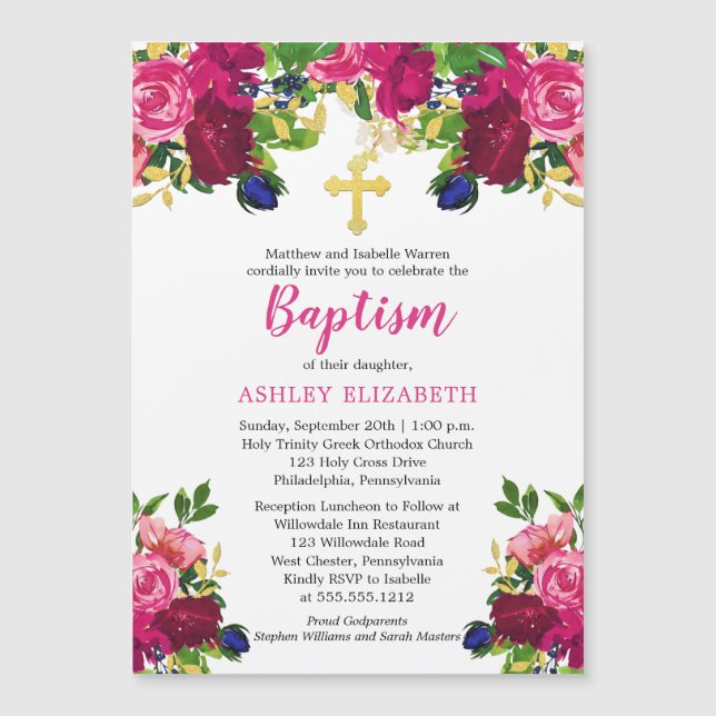 Magenta Pink Watercolor Floral Baptism  Invitation (Front)