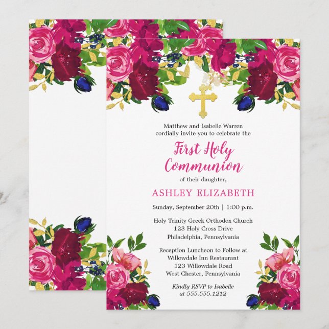 Magenta Pink Watercolor Floral Communion Invitation (Front/Back)
