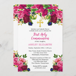 Magenta Pink Watercolor Floral Communion Invitation