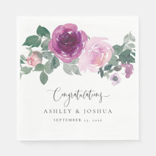 Magenta Pink Watercolor Floral White Wedding Napkins