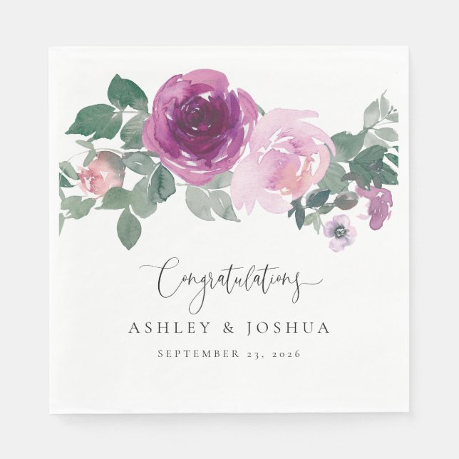 Magenta Pink Watercolor Floral White Wedding Napkins (Front)
