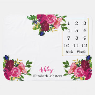 Magenta Pink Watercolor Floral Wk Month Milestone Baby Blanket