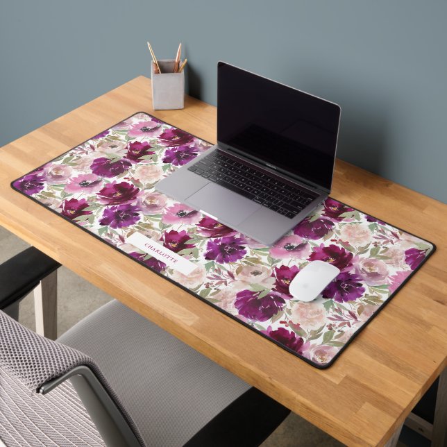 Magenta Pink Watercolor Florals Spiral Desk Mat (Office 2)