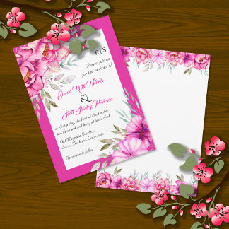 Magenta pink watercolor flowers floral wedding invitation