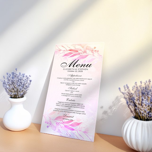 Magenta Pink Watercolor Leaves Floral Wedding Menu (Creator Uploaded)