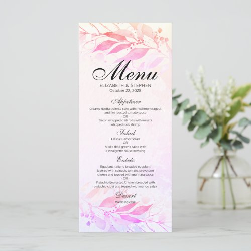 Magenta Pink Watercolor Leaves Floral Wedding Menu