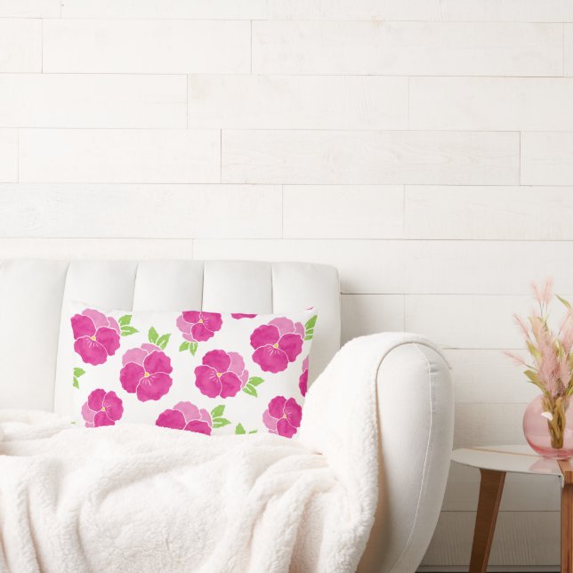 Magenta Pink Watercolor Pansies Lumbar Pillow (Couch)