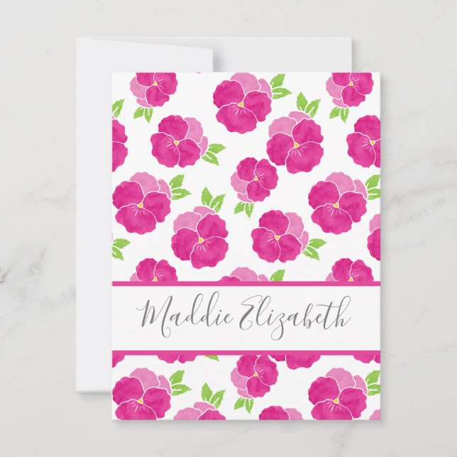 Magenta Pink Watercolor Pansies   Note Card (Front)