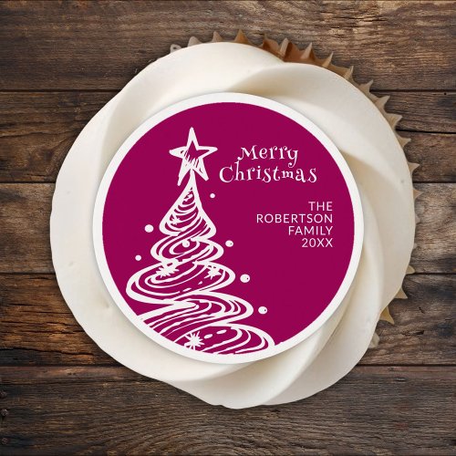 Magenta Pink White Christmas Tree Party Edible Frosting Rounds