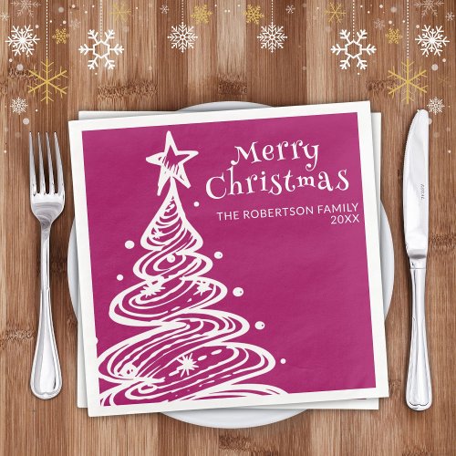 Magenta Pink White Christmas Tree Party Paper Dinner Napkins