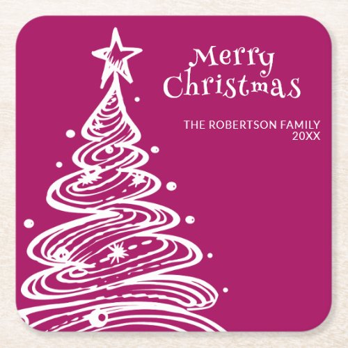 Magenta Pink White Christmas Tree Party Square Paper Coaster