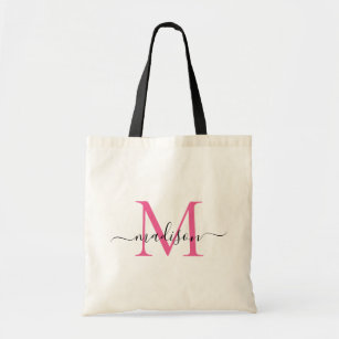 Magenta Pink White Monogram Elegant Script Name Tote Bag