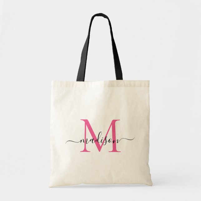 Magenta Pink White Monogram Elegant Script Name Tote Bag (Front)