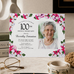 Magenta Pink White Photo 100th Birthday Dinner Invitation