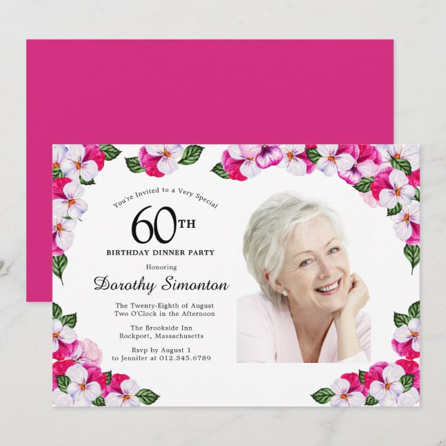 Magenta Pink White Photo 60th Birthday Dinner Invitation (Front/Back)