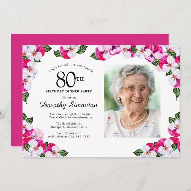 Magenta Pink White Photo 80th Birthday Dinner Invitation (Front/Back)