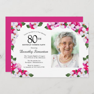 Magenta Pink White Photo 80th Birthday Dinner Invitation