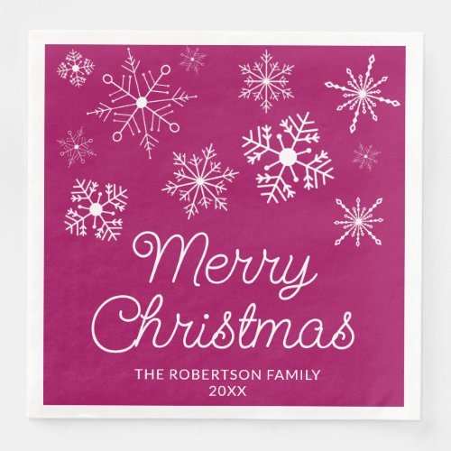 Magenta Pink White Snowflakes Christmas Party Paper Dinner Napkins