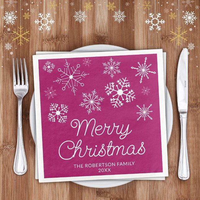 Magenta Pink White Snowflakes Christmas Party Paper Dinner Napkins (Creator Uploaded)