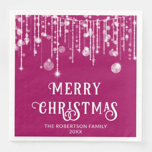 Magenta Pink White String Lights Christmas Party Paper Dinner Napkins