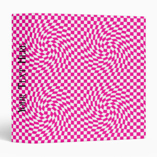 Magenta Pink & White Warped Chic Checkered Pattern 3 Ring Binder