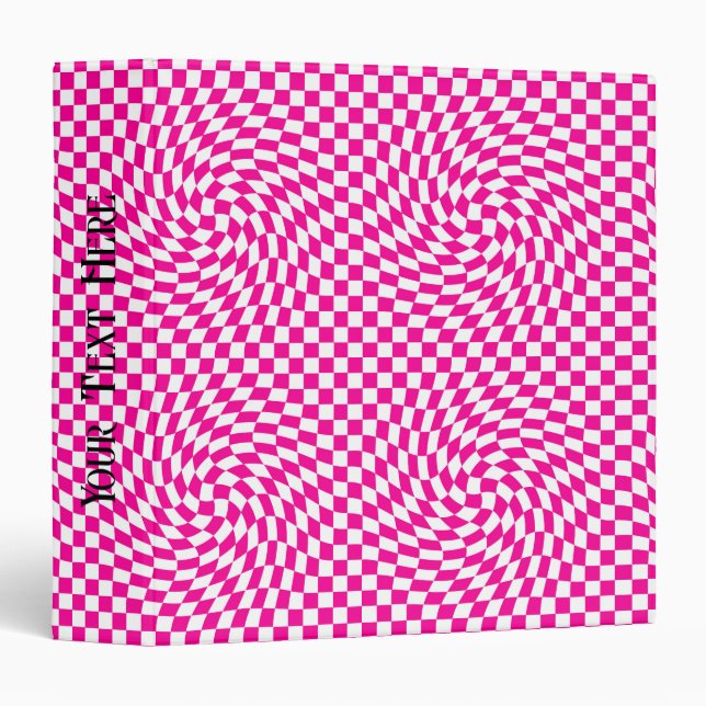 Magenta Pink & White Warped Chic Checkered Pattern 3 Ring Binder (Front/Spine)