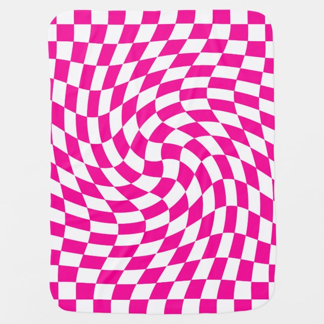 Magenta Pink & White Warped Chic Checkered Pattern Baby Blanket (Front)