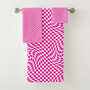 Magenta Pink & White Warped Chic Checkered Pattern Bath Towel Set